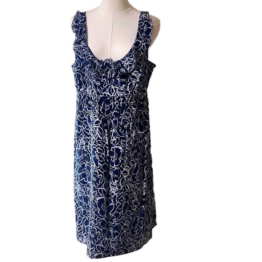 Ann Taylor Dress 14 Navy White Floral Cotton Shift Sleeveless U Neck Ruffles NWT